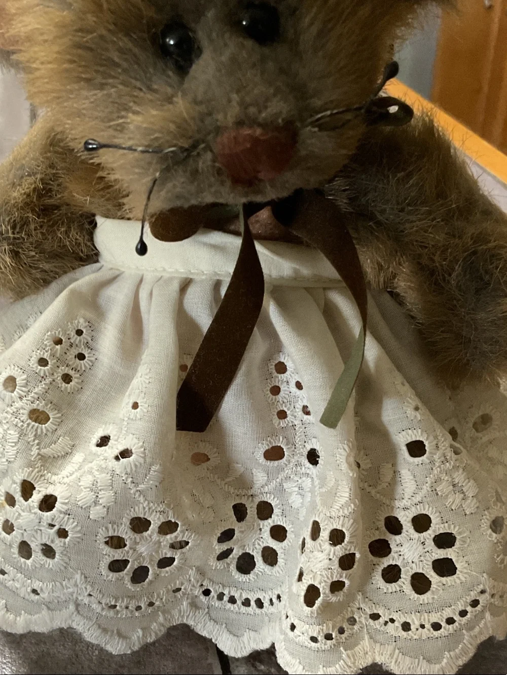 Plush Brown Mouse Toy with Cream Eyelet Dress and Rose Accent 1996